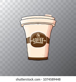 Cartoon coffee cup isolated on transparent background . vector coffee paper color cup with hot coffee and color label. morning coffee or cappuccino