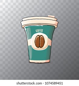 Cartoon coffee cup isolated on transparent background . vector coffee paper color cup with hot coffee and color label. morning coffee or cappuccino