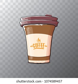 Cartoon coffee cup isolated on transparent background . vector coffee paper color cup with hot coffee and color label. morning coffee or cappuccino