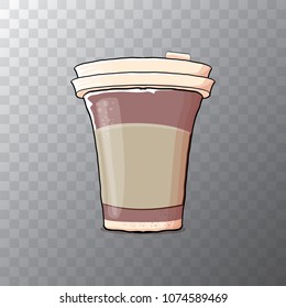Cartoon coffee cup isolated on transparent background . vector coffee paper color cup with hot coffee and color label. morning coffee or cappuccino