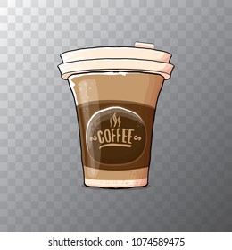 Cartoon coffee cup isolated on transparent background . vector coffee paper color cup with hot coffee and color label. morning coffee or cappuccino