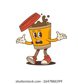 Cartoon coffee cup mascot with surprised face, open lid, and splashing drink in vintage style. Perfect for cafe branding, food packaging and emoji stickers. High-quality isolated vector illustration.