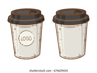 Cartoon coffee cup. Paper coffee cup set on a white background. 