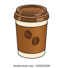 Cartoon coffee cup pop art retro vector illustration. Isolated image on white background. Comic book style imitation.