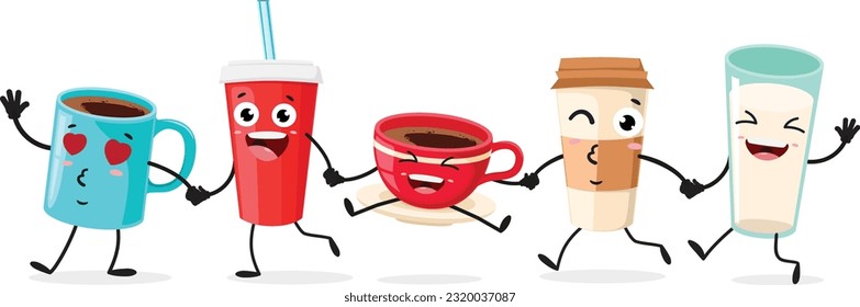 Cartoon coffee cup, set of Cute characters, Isolated on white background