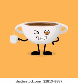 Cartoon coffee cup with smiling face and drinking coffee