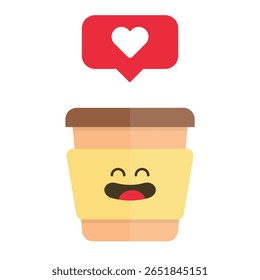 Cartoon coffee cup with smiling face and brown lid, yellow sleeve, and red speech bubble with heart, conveying affection and cheerful vibes in a playful illustration
