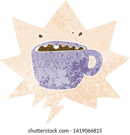 cartoon coffee cup with speech bubble in grunge distressed retro textured style