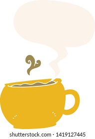 cartoon coffee cup with speech bubble in retro style