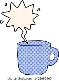 cartoon coffee cup with speech bubble in comic book style