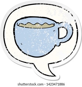 Cartoon-Kaffee-Tasse mit Sprachblase bedrückte alte Aufkleber