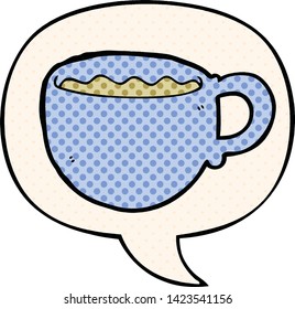 cartoon coffee cup with speech bubble in comic book style