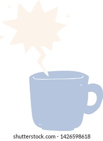 cartoon coffee cup with speech bubble in retro style