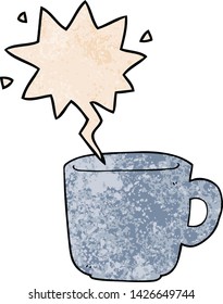 cartoon coffee cup with speech bubble in retro texture style