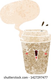 Cartoon-Kaffeetasse mit Sprachblase in brüchiger Retro-Struktur