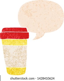 taza de café de dibujos animados con burbuja de habla en un estilo retro grunge angustiado y texturado