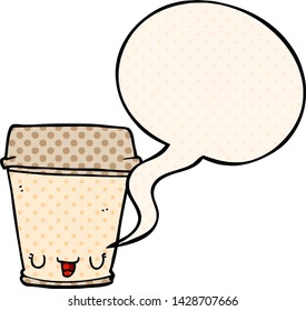 cartoon coffee cup with speech bubble in comic book style