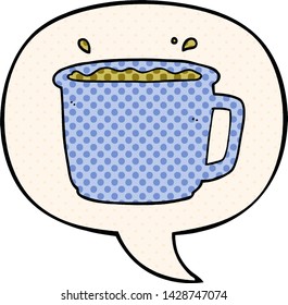 cartoon coffee cup with speech bubble in comic book style