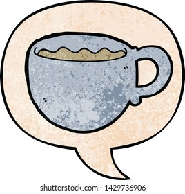 cartoon coffee cup with speech bubble in retro texture style