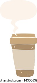 cartoon coffee cup with speech bubble in retro style