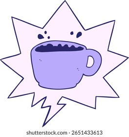 cartoon coffee cup with speech bubble in bright neon color