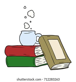 xícara de café de desenho animado e livros de estudo