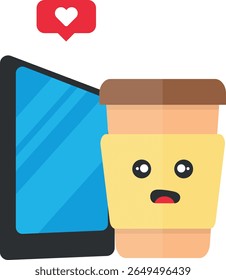 Cartoon coffee cup with a surprised face standing beside a mobile device with a blue screen and a red heart notification above.