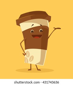 Cartoon Coffee Cup. Take Away Coffee. Happy Cup Of Coffee. Vector Flat Cartoon Illustration