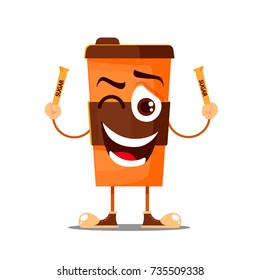 Cartoon coffee cup, take away coffee, happy flat cup of coffee, vector cartoon illustration isolated on white background