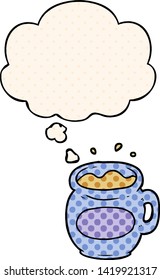 cartoon coffee cup with thought bubble in comic book style