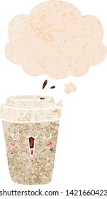 xícara de café de desenho animado com bolha de pensamento no grunge angustiado estilo texturizado retro