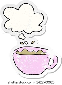 cartoon coffee cup with thought bubble as a distressed worn sticker