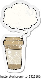 cartoon coffee cup with thought bubble as a distressed worn sticker