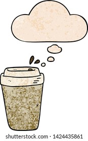 cartoon coffee cup with thought bubble in grunge texture style