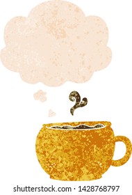 cartoon coffee cup with thought bubble in grunge distressed retro textured style