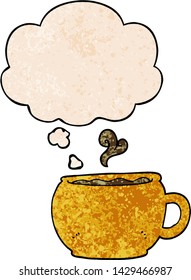 cartoon coffee cup with thought bubble in grunge texture style
