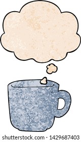 cartoon coffee cup with thought bubble in grunge texture style