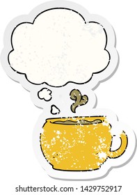 cartoon coffee cup with thought bubble as a distressed worn sticker