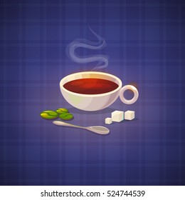 Cartoon coffee cup. Vector flat cartoon illustration. Christmas cup with grains of green coffee and sugar. Christmas greeting card background poster. EPS 10. Cartoon cup of coffee. 