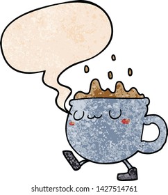 cartoon coffee cup walking with speech bubble in retro texture style