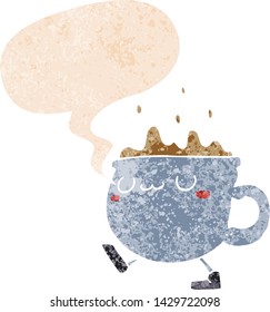 cartoon coffee cup walking with speech bubble in grunge distressed retro textured style