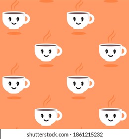 Cartoon  coffee with cute faces. Vector seamless pattern. 