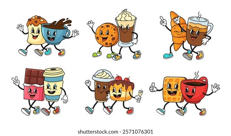 Cartoon coffee and dessert couples. Retro mascot pairs of sweets and coffee cups. Espresso and croissant, chocolate bar and cake with coffee to go, waffle and cookie with drinks vector set.