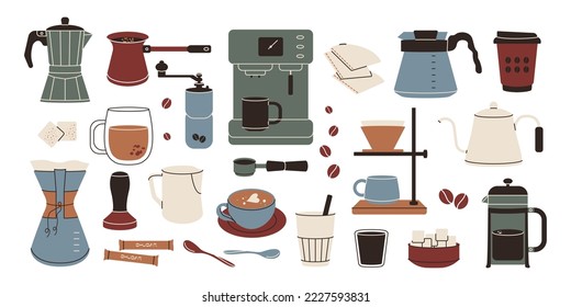 Cartoon coffee devices. Flat coffee machine server french press kettle mug cup pitcher, cafe menu. Vector isolated set