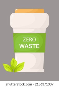 Cartoon coffee disposable cup, zero waste eco concept. Flat drink paper cup vector illustration.