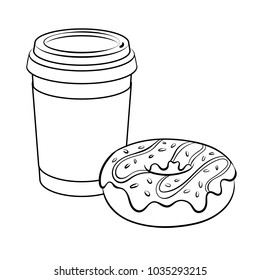 Cartoon coffee and donut coloring vector illustration. Isolated image on white background. Comic book style imitation.