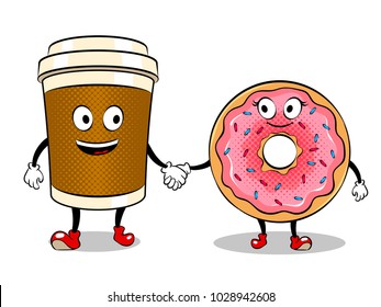 Cartoon coffee and donut holding hands pop art retro vector illustration. Cartoon character. Isolated image on white background. Comic book style imitation.