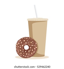 Cartoon coffee and donut. Vector illustration.