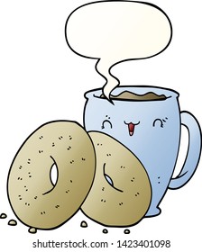 cartoon coffee and donuts with speech bubble in smooth gradient style