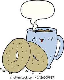 Cartoon-Kaffee und Donuts mit Sprachblase